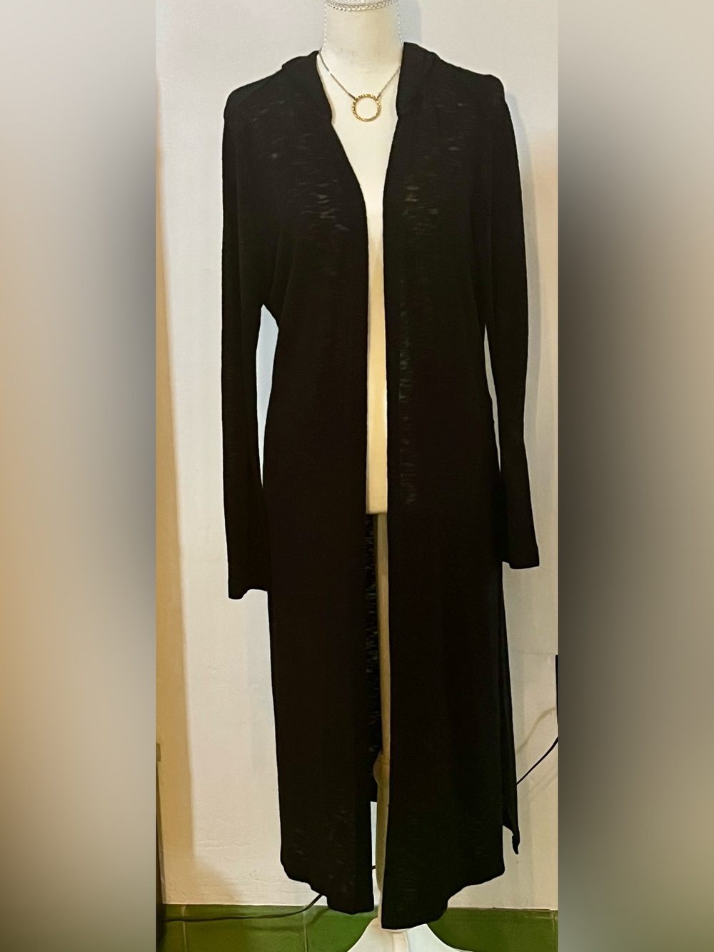 Kenneth Cole Black Open Front Hooded Duster Cardigan